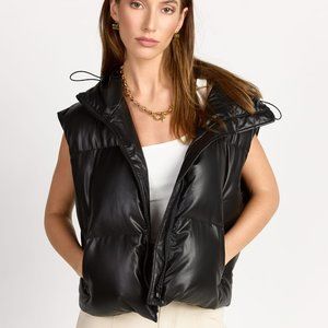 Hooded Faux Leather Puffer Vest